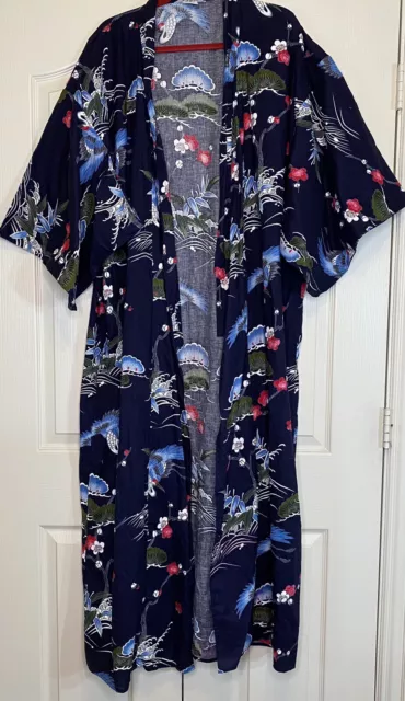 Ichiban Japanese Kimono Geisha Yukata Asian Crane Cotton Long Robe Blue Adult 57