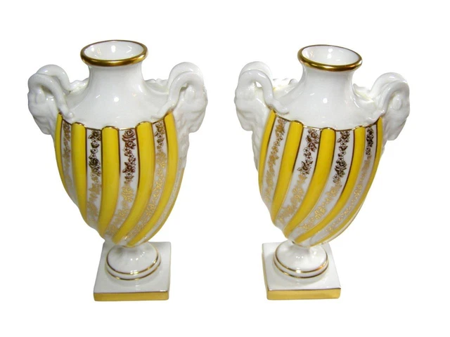 Hand Painted Minton Rams Head Handle Urn Vase Pair Yellow & Gold