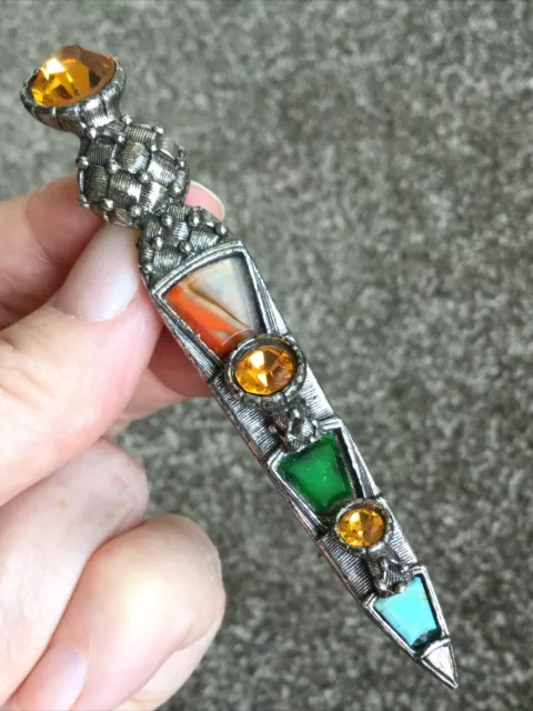 VINTAGE MIRACLE BROOCH Scottish Dirk Kilt Pin Orange Green Glass