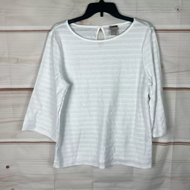 Chicos Top Womens 2 L White 3/4 Sleeve T-Shirt Solid Boat Neck Keyhole Back Knit