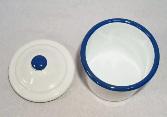 Emaille Zuckerdose, Küchenbehälter, Vorratsdose mit Deckel, Weiß- Blau 2