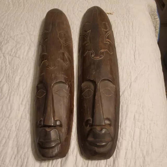 Pair African Wooden Tribal Face Masks Hand Carved Folk Art Wall Hanging 19x4 GC
