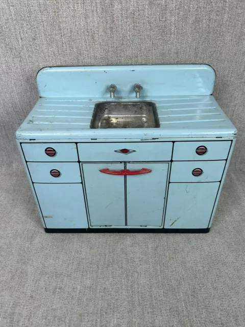 Vintage MARX Tin Lithograph Blue Metal Kitchen Sink Doll House Toy Collebtible