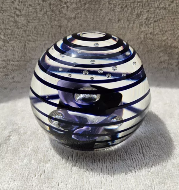 1987 KARG Purple Swirl and Bubble Signed Paperweight w/ 2 Flat Viewing Spots