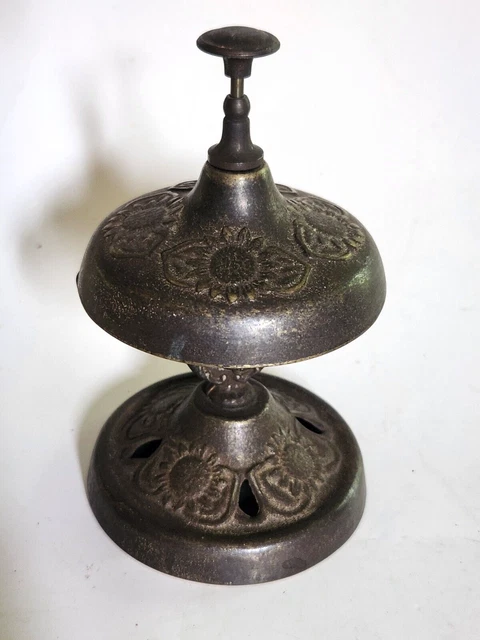 Vintage Brass Counter Desk Bell with Push Button, Antique Hotel Bell