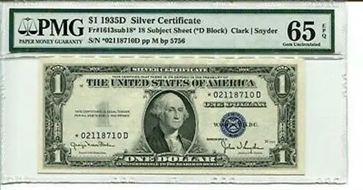 FR 1613* STAR *D BLOCK 1935D $1 Star Silver Certificate PMG 65 EPQ GEM UNC