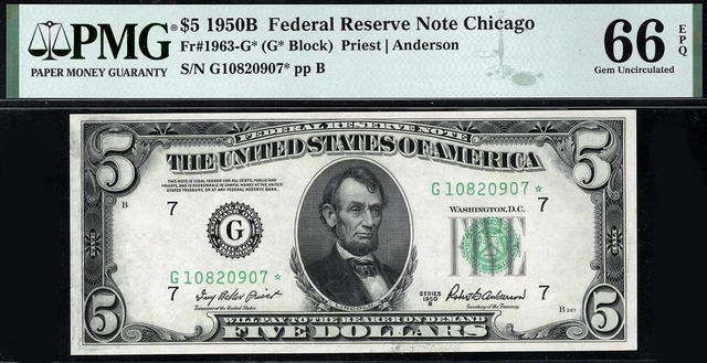 1950b* $5 Chicago STAR Federal Reserve Note FRN • PMG 66 EPQ • Fr.1963-G*