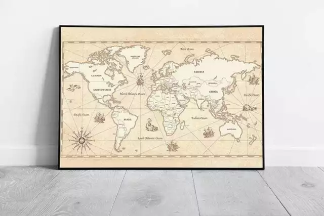 Detailed Vintage Style World Map Old Parchment Appearance Wall Art Print on