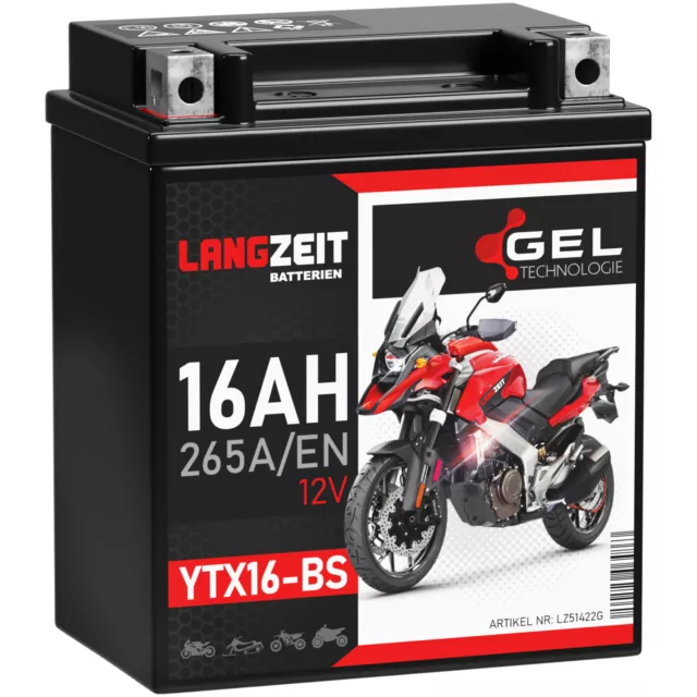 Langzeit YTX16-BS GEL Motorradbatterie 16Ah 12V 265A/EN Batterie YTX16-4 YTX16BS