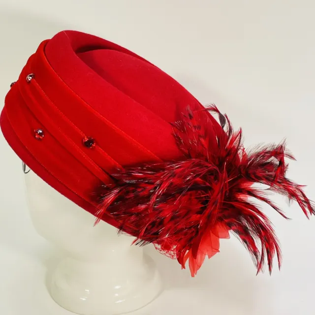 VINTAGE Red August Felt Pillbox Hat with Feathers, Flower, Netting & Rhinestones