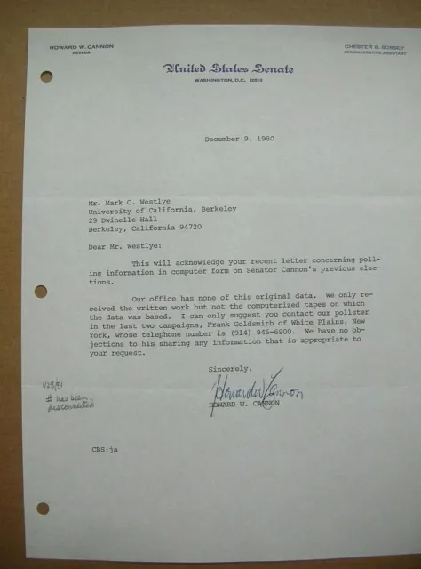 Nevada Senator Howard Cannon 1980 signed letter autograph