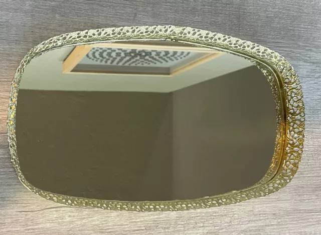 Vintage Mirror Vanity Dresser Perfume Tray Metal Gold Tone Filigree 13.5” X 8”