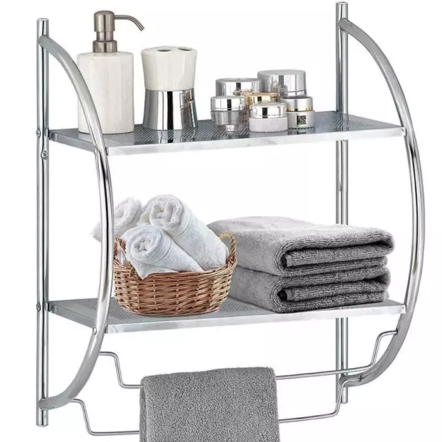 Wall Mounted 2 Tier Bathroom Shelf Unit Towel Rail Rack Storage Shelf Chrome Uk