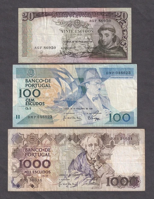 Banco De Portugal 1000 100 20 Escudos Lisboa World Currency Banknote Lot 3 🌈⭐🌈