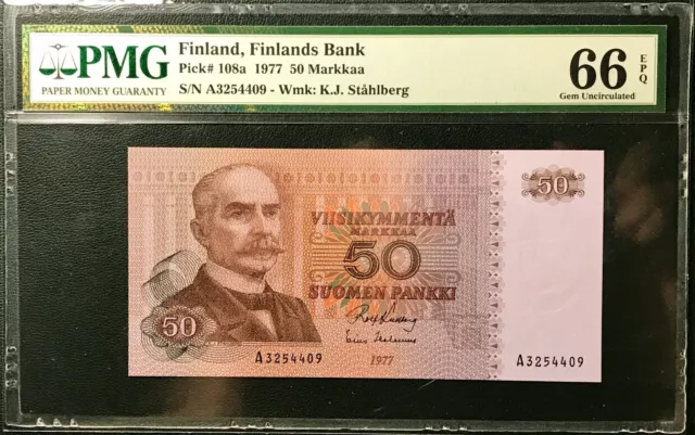 Prefix A Finland  Bank 1977 K.J.Stahlberg 50 Markkaa Banknote PMG66 pick 108a