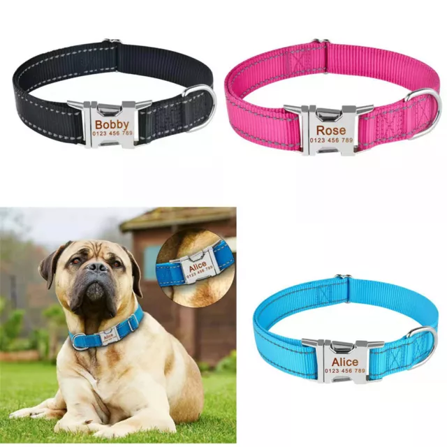 Personalised Nylon dog collar engraved custom ID Tag Name / Number reflective