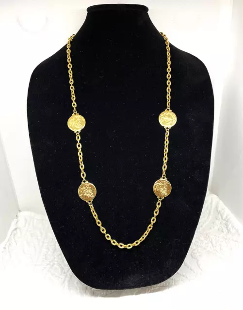 Vtg '70's Liz Claiborne LCI Gold Tone Long Chain Necklace with Disc Stations