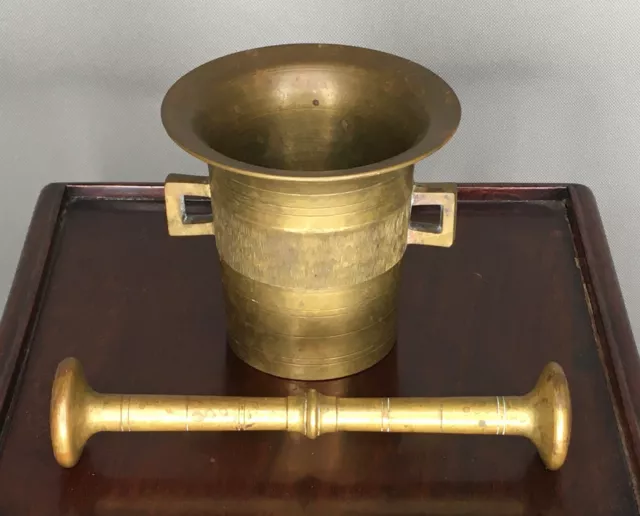 Antique Heavy Brass Apothecary Mortar & Pestle – Marked – 3.5” Tall 2