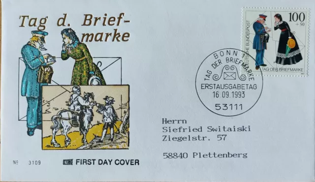 gelaufener Ersttagsbrief Bund MiNr 1692 – Tag der Briefmarke BONN 1993