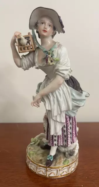 Meissen Antique Porcelain Figurine Of A Woman With Caged Pigeon ? Dove ? Rare