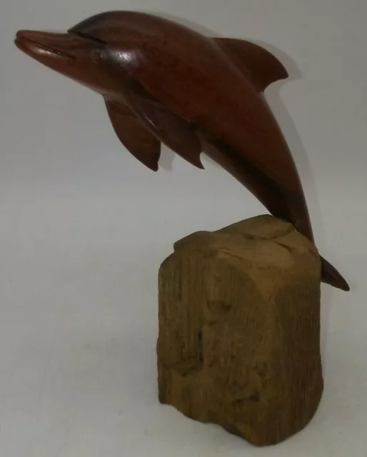 Carved Wood Dolphin Sculpture Signed CLAY 2016 One of a Kind MCM, Driftwood Base