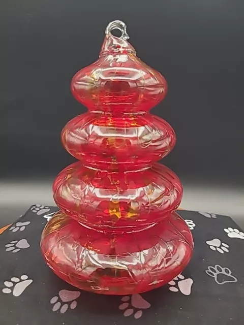 Huta Szkla Rogi Art Glass Christmas Tree Hand Blown Red And Gold 7.5"