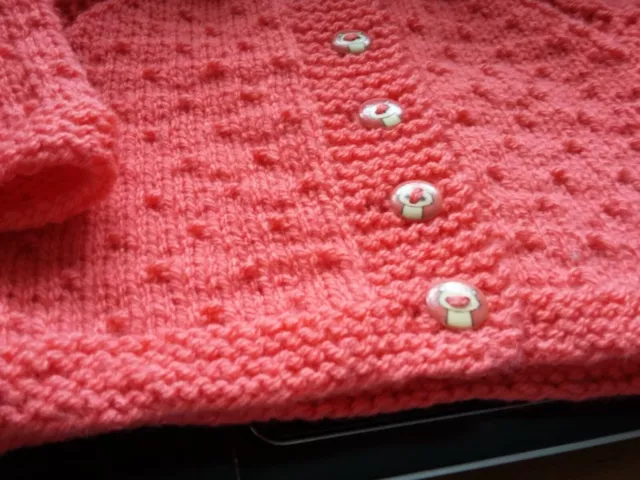 19" (3+ mths) Baby Girl Cardigan~(NEW) Salmon Pink ~ Hand Knit~CAT buttons