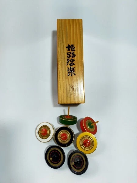 Vintage Wooden Spinning Tops Folk Art Collector Crafts Lot Of 7 With Wooden Box