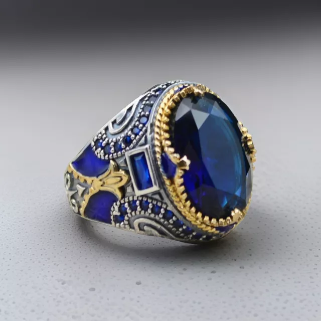 Blue Zircon Men's Ring in 925 Sterling Silver Turkish Jewelry All Size