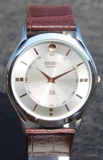 Seiko Quartz Slim Japan Made Silver Dial Two Hand Cherry Faux Leather Wristwatch