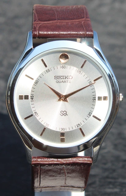 Seiko Quartz Slim Japan Made Silver Dial Two Hand Cherry Faux Leather Wristwatch