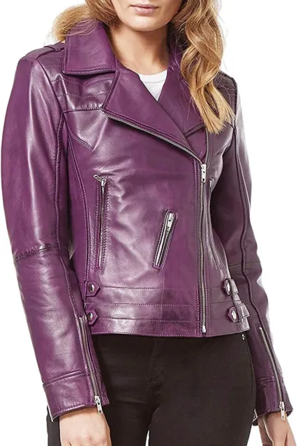 Femmes Véritable Cuir D'Agneau Veste Moto Violet Élégant Manteau KW61