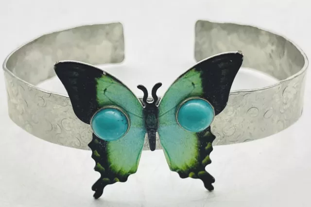 Teal and Black Butterfly Cuff Bracelet Silver Tone Moth Insect Garden Classic