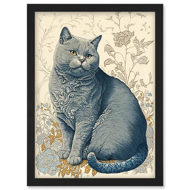 William Morris Inspired Cat with Flowers Framed Wall Art Picture Print A4