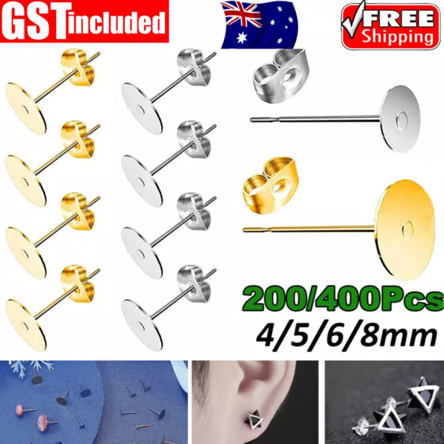 200/400Pcs Earring Stud Posts 4/6/8mm Pads & Nut Backs Stainless Steel DIY Craft