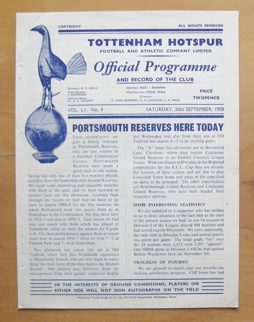 Programme De Match Tottenham Hotspur Vs Portsmouth 1945/1946 - Football Vintage - Très Bon état Pour Collection