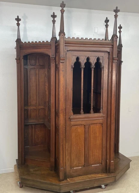 French Antique Gothic Revival Solid Oak Church Confessional