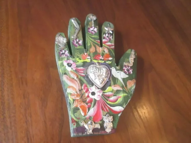 Hand Painted Wooden Hand Embellished with Charms Made in Mexico Folk Art