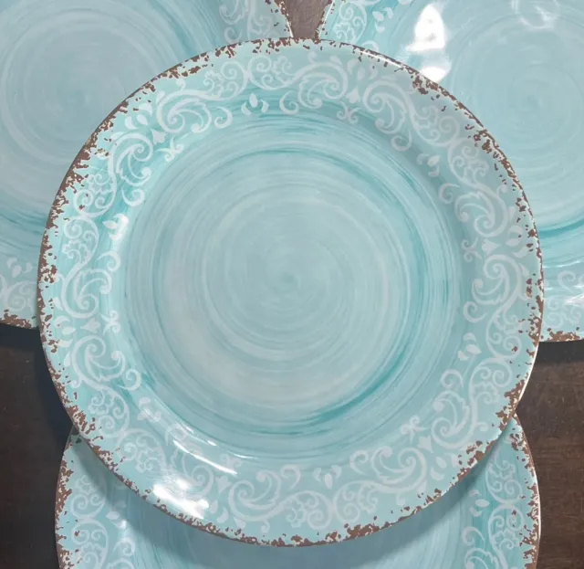 X4 Cynthia Rowley 9” SIDE SALAD PLATES BLUE July Medallion MELAMINE Rustic NEW!!