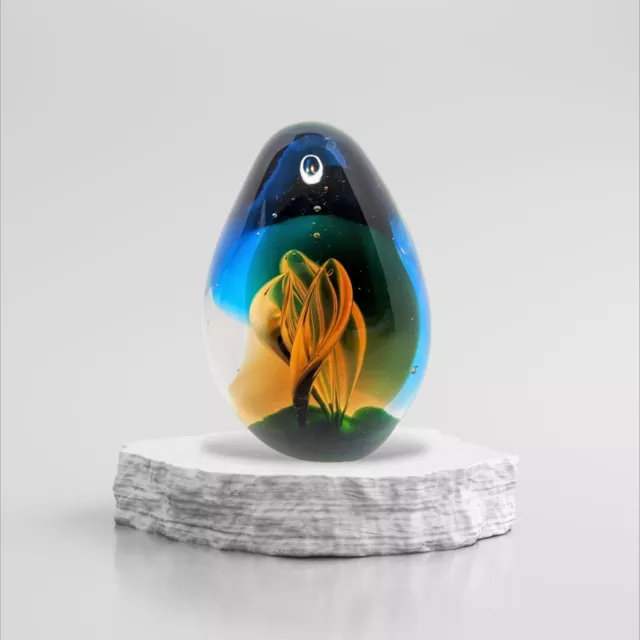 Glass Egg Shaped Paperweight With Orange And Blue Swirl Design Home Or Office 3