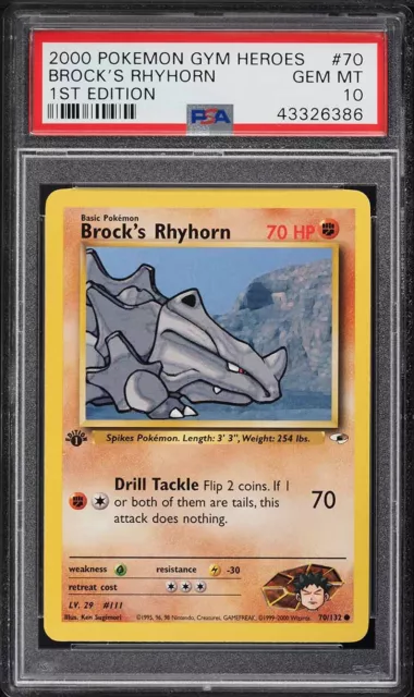 WOTC 2000 Pokemon Card Gym Heroes 1st Edition Brock's Rhyhorn 70/132 PSA 10 GEM