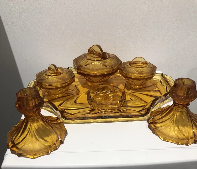 ART DECO RARE Amber Glass 7Piece Trinket Set Sowerby 2638 Full