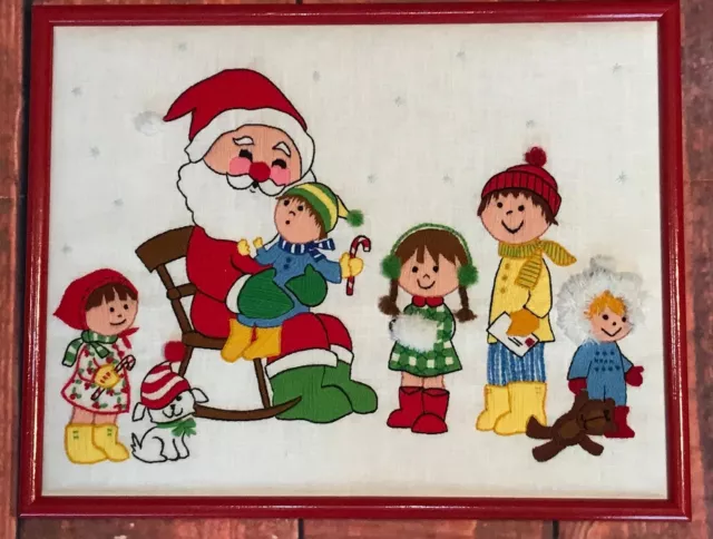 Santa Claus en Marco Petit Point Navidad Bordados Vtg Handmade Toy Teddy Niñas