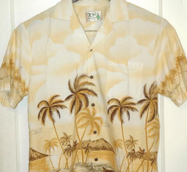 Vtg KY'S Hawaiian Shirt RARE Made In Hawaii USA Islands PALM TREES Prop Plane