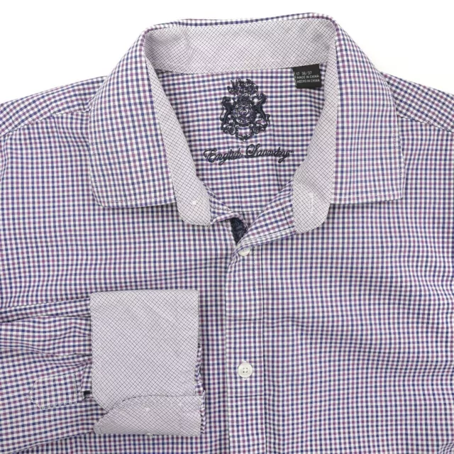 English Laundry Purple Blue Check Flip Cuff Casual Dress Shirt Mens 17-33