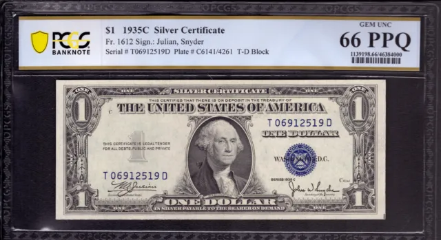 1935 C $1 Silver Certificate Note Fr.1612 Td Block Pcgs B Gem 66 Ppq