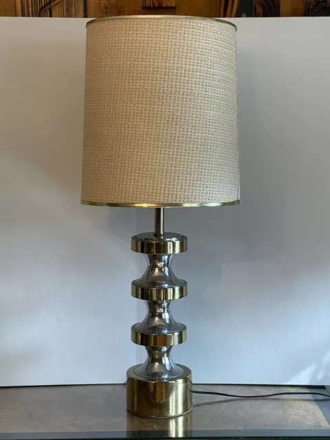 MCM Vintage Mid Century Modern Stacked Chrome & Brass Table Lamp Light 2