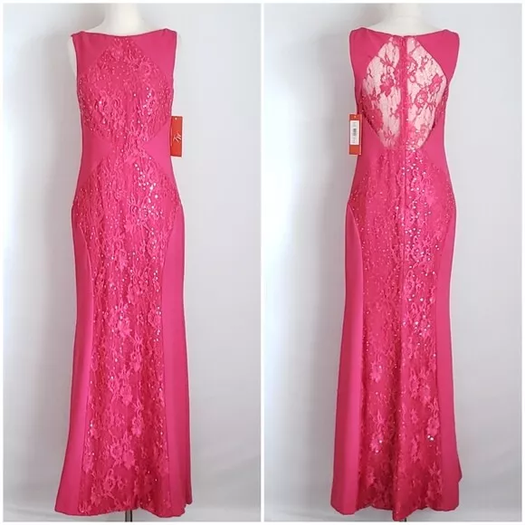 Monique Lhullier Pink Lace & Sequin Sleeveless Long Formal Prom Dress- Size 8