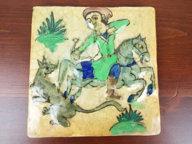 Antique Persian Glazed Tile Mounted Archer Hunting Style Qajar Era Islamic Art 2