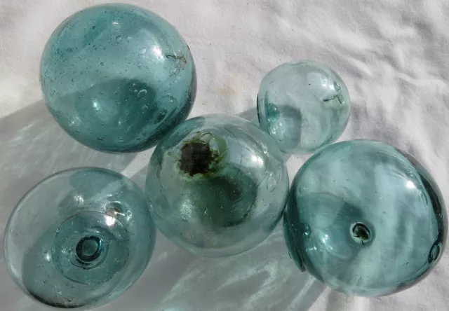 JAPANESE GLASS  Fishing FLOATS Mixed Shades & Sizes  (5) w/Inclusions Antiques!